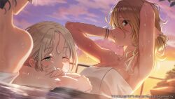 3girls armpits arms_up bathing blush closed_mouth collarbone copyright_notice crossed_arms highres idolmaster idolmaster_shiny_colors idolmaster_shiny_colors_song_for_prism izumi_mei mayuzumi_fuyuko multiple_girls naked_towel official_art one_eye_closed onsen same-sex_bathing serizawa_asahi shared_bathing straylight_(idolmaster) sunset towel