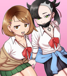 2girls asymmetrical_bangs black_choker black_hair black_skirt bracelet breasts brown_eyes brown_hair choker cleavage gloria_(pokemon) green_eyes green_skirt grin gyaru highres jewelry large_breasts lollipop_in_mouth looking_at_viewer marnie_(pokemon) mask mask_pull miniskirt mouth_mask multiple_girls nail_polish nintendo nutkingcall pokemon pokemon_swsh school_uniform serafuku shirt short_hair sitting skirt small_breasts smile twintails white_shirt