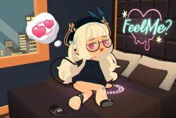 1girl :d black-framed_eyewear black_hat blunt_bangs chibi chibi_only commentary copyright_request demon_tail dot_nose earclip english_text glasses hat heart indoors long_hair on_bed open_mouth original pillow pink_eyes porforever shoes single_shoe smile solo speech_bubble spoken_emoji spoken_heart symbol-only_commentary tail thought_bubble very_long_hair white_hair window