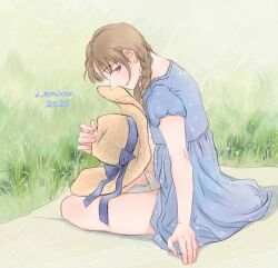 1boy bare_legs blanket blue_bow blue_dress blue_eyes blue_ribbon bow braid brown_hair bulge crossdressing dress erection erection_under_clothes field grass hat lemicon long_hair looking_at_viewer original panties penis_in_panties picnic_blanket ribbon seductive_smile smile sun_hat trap twin_braids underwear