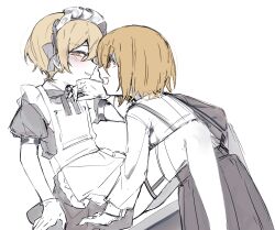 1boy 1girl alternate_costume apron black_bow black_bowtie black_dress black_skirt blonde_hair blush bow bowtie crossdressing don_quixote_(project_moon) dress enmaided gloves highres limbus_company looking_at_another maid maid_headdress male_maid open_mouth project_moon puffy_short_sleeves puffy_sleeves shirt short_hair short_sleeves simple_background sinclair_(project_moon) sitting skirt upper_body white_apron white_background white_gloves white_shirt widosya yellow_eyes