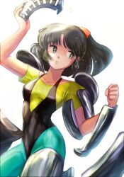 Rule 34 | 1girl, absurdres, arm up, armor, black eyes, black hair, black leotard, breasts, commentary request, cowboy shot, cross-shaped pupils, cuisses, green pantyhose, hand up, highres, holding, leotard, long hair, miz mus, mizunokouji asuka, pantyhose, parted lips, pauldrons, ponytail, removing armor, rerebrace, shirt, shoulder armor, sideways glance, simple background, small breasts, solo, standing, symbol-shaped pupils, urusei yatsura, visor (armor), white background, yellow shirt