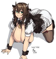 1girl animal_ears animal_print bell black_bow black_bowtie bow bowtie breasts brown_hair brown_thighhighs cleavage cow_ears cow_horns cow_print cow_print_bikini dated green_eyes highres horns houtengeki huge_breasts looking_at_viewer medium_hair open_mouth original print_bikini short_sleeves simple_background solo thighhighs thighs white_background wrist_cuffs