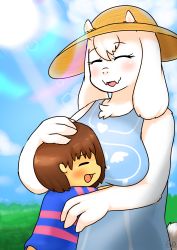 1girl brown_hair closed_eyes frisk_(undertale) furry goat highres hug toriel undertale wonkake