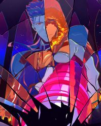 absurdres blue_hair broken_glass cu_chulainn_(caster)_(fate) cu_chulainn_(fate) cu_chulainn_(fate/stay_night) earrings fate/grand_order fate/stay_night fate_(series) gae_bolg_(fate) glass highres holding holding_weapon hood hood_up jewelry long_hair male_focus multiple_persona pointing_melee_weapon ponytail red_eyes sota_cat type-moon weapon