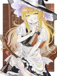 Rule 34 | 2girls, agonaga ganman, apron, black dress, blonde hair, blush, book, border, bow, braid, broom, broom riding, commentary, dress, finger to mouth, grin, hair bow, hat, highres, holding, holding book, kirisame marisa, library, long hair, looking at viewer, multiple girls, patchouli knowledge, puffy short sleeves, puffy sleeves, short sleeves, shushing, side braid, single braid, smile, sweater, teeth, theft, touhou, turtleneck, turtleneck sweater, white apron, white border, white bow, white sweater, witch, witch hat, yellow eyes