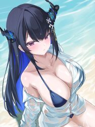 1girl absurdres asymmetrical_horns avil beach bikini black_hair blue_bikini blue_hair blush breasts collarbone highres hololive horns large_breasts multicolored_hair nerissa_ravencroft ocean purple_eyes sand see-through_clothes see-through_shirt shirt single_bare_shoulder single_off_shoulder solo swimsuit two-tone_hair uneven_horns virtual_youtuber water wet wet_clothes wet_shirt white_shirt