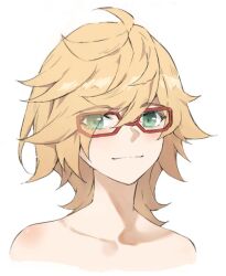 1girl ahoge alternate_hairstyle blonde_hair collarbone commentary cropped_shoulders fate/apocrypha fate_(series) green_eyes mordred_(fate) portrait red-framed_eyewear simple_background solo tonee white_background