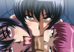 1boy 3girls :&gt;= absurdres artist_request cooperative_fellatio erection fellatio harem hetero highres igawa_asagi kangoku_senkan licking licking_penis long_hair looking_at_another looking_at_viewer multiple_girls murakami_teruaki_(style) naomi_evans oboro_(taimanin_asagi) oral penis short_hair smile taimanin_(series) taimanin_asagi teamwork_(sexual) tongue tongue_out