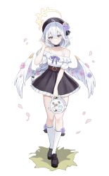 1girl absurdres alternate_costume angel_wings azusa_(blue_archive) black_choker blue_archive choker commentary_request crescent_halo feathered_wings halo highres low_wings lunel simple_background smile solo white_background white_wings wing_ornament wings yellow_halo