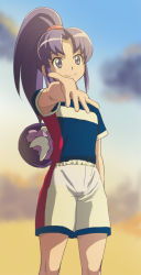10s 1girl armpit_peek bra bra_peek female_focus gurasan_(happinesscharge_precure!) happinesscharge_precure! haruyama_kazunori hikawa_iona long_hair ponytail precure purple_eyes purple_hair smile soccer_uniform solo sportswear underwear