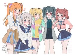 5girls ;d alternate_hairstyle antenna_hair arms_between_legs bare_legs blonde_hair blue_overskirt blue_ribbon blue_skirt blush brown_cardigan brown_hair brown_jacket cardigan cardigan_around_waist clenched_hands clothes_around_waist coat commentary_request cropped_legs fujita_kotone gakuen_idolmaster green_hair grey_coat grey_hair gyaru hair_ornament hair_scrunchie hanami_saki hatsuboshi_gakuen_school_uniform heart highres idolmaster jacket katsuragi_lilja kogal long_hair matching_hairstyle mole mole_under_eye multicolored_jacket multiple_girls neck_ribbon nose_blush one_eye_closed open_mouth orange_hair pleated_skirt ribbon school_uniform scrunchie shirt shiun_sumika short_hair signature simple_background sitting skirt smile standing tsukimura_temari twintails twitter_username two_side_up watermark white_background white_jacket white_shirt yuzuriha_35
