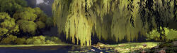 108_demon_kings bush day flower forest grass highres juliengeorgel landscape lily_pad nature no_humans official_art outdoors plant rock scenery tree water wide_shot