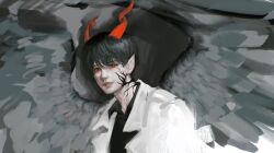 Rule 34 | 1boy, black hair, black shirt, black wings, coat, collared shirt, colored veins, demon horns, expressionless, feathered wings, horns, kim dokja, looking at viewer, macaronijail, male focus, official alternate costume, omniscient reader&#039;s viewpoint, pointy ears, popped collar, red eyes, shirt, short hair, solo, upper body, veins, white coat, wings