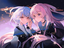 Rule 34 | absurdres, aqua hair, bang dream!, bang dream! it&#039;s mygo!!!!!, chihaya anon, christmas, collared shirt, highres, holding hands, jewelry, long hair, looking to the side, medium hair, mygo!!!!! (bang dream!), myth1944, necklace, pink hair, purple eyes, shirt, takamatsu tomori, yuri