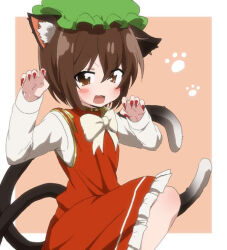 Rule 34 | 1girl, :3, :d, animal ear fluff, animal ears, blush stickers, border, bow, bowtie, brown eyes, brown hair, cat ears, cat tail, chen, claw pose, commentary request, dot nose, feet out of frame, fingernails, flat chest, frills, from side, gao, gold trim, hair between eyes, hands up, hat, long fingernails, long sleeves, looking at viewer, mob cap, multiple tails, nail polish, nekomata, open mouth, outside border, paw print, paw print background, petticoat, pink background, red nails, red skirt, red vest, rodriguez0520, sharp fingernails, short hair, simple background, skirt, skirt set, smile, solo, tail, touhou, two tails, v-shaped eyebrows, vest, white border, white bow, white bowtie
