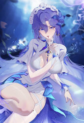 1girl absurdres blue_flower breasts cantarella_(wuthering_waves) commentary_request earrings facial_mark feet_out_of_frame fingernails flower hair_between_eyes hair_flower hair_ornament headdress highres jewelry large_breasts long_hair looking_at_viewer mark_under_eye mole mole_under_eye nail_polish ouyang_long_xin purple_eyes purple_hair purple_nails shrug_(clothing) skindentation solo thighs tongue tongue_out very_long_hair white_shrug wuthering_waves