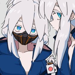 absurdres blue_eyes chibi colored_eyelashes commentary_request deux_murasame dice freckles grey_hair gundam gundam_gquuuuuux highres long_hair looking_at_viewer mask mecha_pilot_suit mouth_mask multiple_views purple_pupils updo upper_body white_eyelashes xoo_(x)