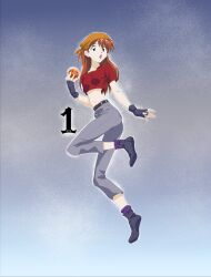 1girl absurdres amondetauro bandana black_shoes cosplay cropped dragon_ball dragon_ball_(object) dragon_ball_gt fingerless_gloves gloves grey_pants highres midriff navel neon_genesis_evangelion open_mouth orange_hair pan_(dragon_ball) pan_(dragon_ball)_(cosplay) pants red_shirt shirt shoes solo stomach yellow_bandana