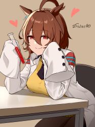1girl agnes_tachyon_(umamusume) ahoge animal_ears breasts brown_background brown_hair brown_pantyhose chinese_commentary closed_mouth coat commentary_request dr.tan90_degrees ear_ornament hair_between_eyes heart holding holding_vial horse_ears horse_girl huge_ahoge lab_coat looking_at_viewer medium_breasts pantyhose red_eyes short_hair simple_background sitting sleeves_past_fingers sleeves_past_wrists smile solo split_mouth sweater table umamusume vial white_coat yellow_sweater