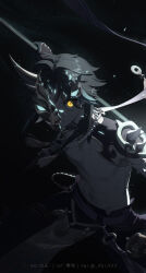 Rule 34 | 1boy, bead necklace, beads, broken mask, genshin impact, gloves, half mask, highres, holding, holding polearm, holding weapon, jewelry, lofter username, looking at viewer, male focus, mask, multicolored hair, muted color, necklace, parted lips, polearm, rj (lingshih10), solo, spikes, twitter username, watermark, weapon, weibo watermark, xiao (genshin impact), yellow eyes