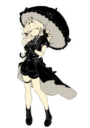 1girl absurdres belt black_gloves black_shirt black_shoes black_shorts black_umbrella closed_eyes closed_mouth crn_sosaku full_body gloves highres holding holding_umbrella monochrome original puffy_sleeves shirt shoes shorts simple_background solo thigh_belt thigh_strap umbrella wavy_hair white_background
