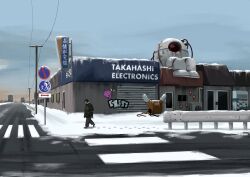 1girl black_coat black_hair black_pants building city coat condenser_unit crosswalk engine footprints garage graffiti hands_in_pockets highres original pants power_lines road road_sign robot scenery sign sky snow solo traffic_barrier vending_machine walking wide_shot winter winter_clothes winter_coat yoshiryuu