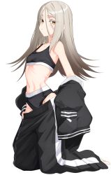 1girl absurdres black_jacket black_panties black_sports_bra blonde_hair clothes_pull colored_eyelashes commentary_request eyelashes flipped_hair from_side full_body gakuen_idolmaster highleg highleg_panties highres idolmaster isocha jacket letterman_jacket light_blush looking_at_viewer navel off_shoulder open_mouth orange_eyes panties pants pants_pull shinosawa_hiro simple_background single_sidelock solo sports_bra sportswear striped_clothes striped_pants sweatpants underwear vertical-striped_clothes vertical-striped_pants white_background