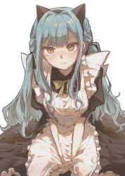 1girl alternate_costume angry animal_ear_hairband animal_ears apron aqua_hair artist_name bang_dream! bang_dream!_it&#039;s_mygo!!!!! between_legs black_dress black_ribbon blunt_bangs blush braid cat_ear_hairband cat_ears closed_mouth cowboy_shot dress embarrassed enmaided fake_animal_ears glaring hair_ribbon hairband hand_between_legs hands_on_lap highres kemonomimi_mode long_hair looking_at_viewer maid maid_apron multicolored_ribbon neck_ribbon nose_blush puffy_short_sleeves puffy_sleeves ribbon short_sleeves side_braid sidelocks simple_background sitting solo supekutoru togawa_sakiko twitter_username v-shaped_eyebrows v_arms wariza watermark white_apron white_background yellow_eyes yellow_ribbon