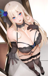 1girl :d absurdres bare_shoulders black_bra black_gloves black_panties black_shoes black_thighhighs blonde_hair blue_eyes blue_flower blush bra braid breasts crotchless crotchless_panties elbow_gloves flower from_above full_body gloves gluteal_fold hair_flower hair_ornament hand_on_own_chest high_heels highres huge_breasts indoors lexington_(warship_girls_r) lingerie long_hair looking_at_viewer looking_up navel nipple_cutout open_mouth panties shoes side_braid sidelocks smile solo standing thigh_gap thighhighs underwear underwear_only very_long_hair warship_girls_r xnnagu