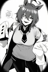 1girl absurdres agnes_tachyon_(umamusume) ahoge animal_ears commentary english_commentary english_text greyscale hair_between_eyes highres horse_ears horse_tail lab_coat looking_at_viewer masoq medium_hair monochrome open_mouth pants sleeves_past_fingers sleeves_past_wrists solo speech_bubble sweater tail teeth umamusume