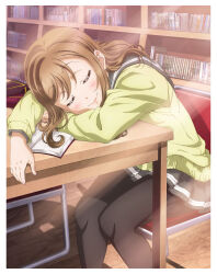 1girl artbook black_pantyhose blush book bookshelf brown_hair cardigan chair closed_eyes closed_mouth desk grey_skirt highres indoors kunikida_hanamaru library long_hair long_sleeves love_live! love_live!_sunshine!! miniskirt non-web_source official_art pantyhose pleated_skirt sailor_collar school_uniform serafuku sitting skirt sleeping smile solo table uranohoshi_school_uniform yellow_cardigan
