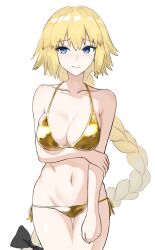 Rule 34 | absurdres, arm under breasts, bikini, black bow, blonde hair, blue eyes, blush, bow, braid, breasts, cleavage, clenched hand, embarrassed, fate/apocrypha, fate/grand order, fate (series), gold bikini, highres, jeanne d&#039;arc (fate), large breasts, long hair, nervous, shiny skin, shiro 464646, solo, swimsuit