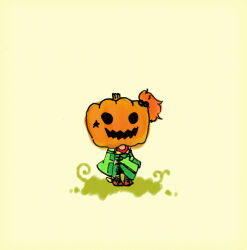 1girl aine_(hoshi_wo_miru_hito) black_shorts boots chibi collared_dress detached_sleeves dress grass green_dress green_sleeves hair_bobbles hair_ornament hair_through_headwear highres hijikimon2mon hoshi_wo_miru_hito jack-o&#039;-lantern_head long_sleeves on_grass one_side_up orange_hair red_boots red_tank_top short_hair shorts simple_background solo standing star_(symbol) stargazer_(series) strapless strapless_dress tank_top wide_sleeves wing_print winged_boots yellow_background
