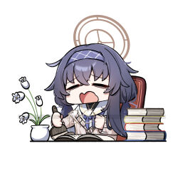 1girl =_= absurdres black_hair blue_archive blue_neckerchief book cardigan chibi closed_eyes commentary_request di_le_to flower glasses grey_cardigan hair_between_eyes hairband halo highres holding holding_removed_eyewear long_hair long_sleeves neckerchief open_cardigan open_clothes open_mouth purple_hairband round_eyewear sailor_collar simple_background sitting solo tears textless_version ui_(blue_archive) unworn_eyewear upper_body watermark wavy_mouth white_background white_flower white_sailor_collar