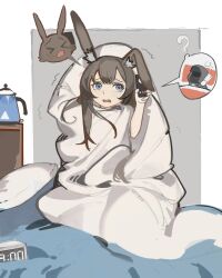 1boy 1girl absurdres alarm_clock amiya_(arknights) animal_ears arknights blue_eyes brown_hair clock doctor_(arknights) highres holding holding_phone jiuxiaoshi long_hair looking_to_the_side on_bed open_mouth phone rabbit_ears rabbit_girl