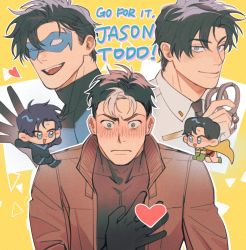 &gt;_o 2boys animification batman_(series) black_bodysuit black_gloves black_hair black_shirt blue_bodysuit blue_eyes blush bodysuit brothers brown_jacket chengzhineixihuanxiaogou chibi closed_mouth cover cover_page cuffs dc_comics dick_grayson domino_mask ganbare!_nakamura-kun!! gloves hand_on_own_chest handcuffs heart holding holding_handcuffs inseki jacket jason_todd male_focus mask meme multicolored_hair multiple_boys multiple_versions necktie nightwing one_eye_closed open_clothes open_jacket open_mouth police police_uniform policeman red_hood_(dc) shirt short_hair siblings smile superhero_costume two-tone_bodysuit two-tone_hair variations white_hair white_shirt yaoi
