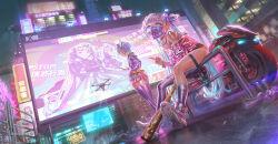 Rule 34 | 2girls, alphonse (white datura), android, asymmetrical legwear, baseball bat, blue eyes, blue hair, bracelet, breasts, building, choker, city, city lights, drone, grey hair, headgear, highres, jacket, jewelry, long hair, mask, micro shorts, miniskirt, motor vehicle, motorcycle, mouth mask, multicolored hair, multiple girls, neon lights, night, off shoulder, open mouth, original, panties, pantyshot, photoshop (medium), science fiction, shoes, short hair, shorts, sign, sitting, skirt, skyscraper, small breasts, sneakers, streaked hair, thighhighs, twintails, two-tone hair, underwear, very long hair