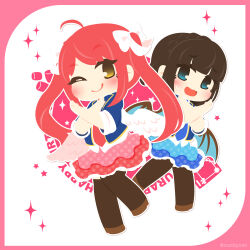 2girls ahoge asahina_kokomi battle_girl_high_school blue_eyes blue_skirt blush border bow brown_hair brown_pantyhose chibi chibi_only closed_mouth food hasumi_urara highres long_hair marshmallow motyomi multiple_girls one_eye_closed open_mouth pantyhose pink_border pink_hair pink_skirt skirt sparkle star_(symbol) twintails white_border white_bow white_wings wings x_arms