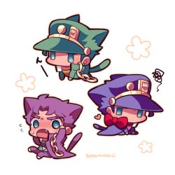 Rule 34 | 1boy, animal ears, blue eyes, blush, bow, cat ears, cat tail, chain, chibi, chibi only, coat, green coat, green hair, green headwear, heart, jojo no kimyou na bouken, kemonomimi mode, kotorai, kuujou joutarou, male focus, multiple views, no headwear, no nose, orange shirt, pants, purple coat, purple hair, purple pants, red bow, shirt, short hair, signature, squiggle, sweatdrop, tail