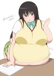Rule 34 | 1girl, belly press, belly rest, big belly, black hair, blush, bow, bowtie, breasts, brown eyes, desk, fat, fat woman, green skirt, highres, kotegawa yui, large breasts, leaning forward, long hair, masakin, midriff peek, navel, obese, open mouth, school uniform, shirt, skirt, solo, standing, tight clothes, to love-ru, twitter username, vest, white background, white shirt