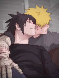 2boys bandaged_arm bandages black_eyes black_hair black_shirt blonde_hair closed_mouth crew_neck facial_mark grey_shirt hand_on_another&#039;s_arm highres long_sleeves looking_ahead male_focus mi73suki multiple_boys naruto_(series) naruto_shippuuden shirt short_hair sitting smile spiked_hair uchiha_sasuke uzumaki_naruto whisker_markings