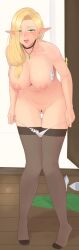 1girl absurdres arms_at_sides bar_censor bittertt4 blonde_hair blush bra bra_pull breasts brown_thighhighs censored cleft_of_venus clothes_pull collar ear_piercing elf embarrassed female_focus green_eyes green_skirt highres indoors knees_together_feet_apart large_breasts leaning_forward long_hair looking_at_viewer nail_polish nipples open_mouth original panties panty_pull piercing pointy_ears pulling_own_clothes pussy skirt solo teeth thigh_gap thighhighs thighs tongue underwear unworn_skirt white_bra white_panties yellow_nails