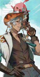1boy artist_name belt black_gloves black_shirt blue_pants blue_sky brown_belt brown_gloves cacucu cloud collared_shirt commentary_request cowboy_hat dark-skinned_male dark_skin day feathers genshin_impact gloves green_eyes grin gun hair_between_eyes hand_on_own_hip hand_up handgun hat highres holding holding_gun holding_weapon id_card ifa_(genshin_impact) jacket lapels looking_at_viewer male_focus mouth_hold narahazime open_clothes open_jacket outdoors pants parted_bangs scar scar_across_eye scar_on_face shirt shirt_tucked_in short_hair sky smile solo stalk_in_mouth tassel teeth twitter_username two-tone_gloves watermark weapon white_hair white_hat white_jacket