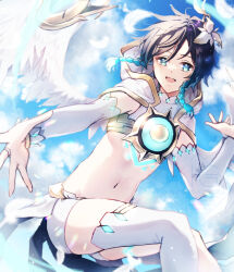 1boy :d black_hair blue_hair blue_sky braid bridal_gauntlets capelet cecilia_flower_(genshin_impact) chest_tattoo cloud commentary_request crop_top day falling_feathers feathered_wings feathers floating flower genshin_impact glowing_tattoo gradient_hair groin hair_between_eyes hair_flower hair_ornament harukiti highres hood hood_down hooded_capelet leg_tattoo looking_at_viewer male_focus midriff multicolored_hair navel official_alternate_costume open_mouth shirt short_hair_with_long_locks short_shorts shorts side_braids sidelocks single_thighhigh sky smile solo tattoo thighhighs twin_braids venti_(archon)_(genshin_impact) venti_(genshin_impact) watermark white_bridal_gauntlets white_capelet white_feathers white_flower white_shirt white_shorts white_wings wings