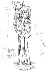 2girls closed_eyes digimon digimon_(creature) digimon_adventure digimon_adventure:_bokura_no_war_game monochrome multiple_girls pussy short_hair standing tailmon takenouchi_sora translation_request yagami_hikari