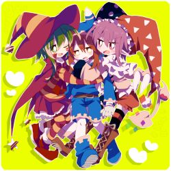 1girl 2boys belt blue_boots blue_jacket blue_shorts blush_stickers boots border brown_belt brown_boots brown_eyes brown_hair cape capelet commentary_request eyes_visible_through_hair frilled_capelet frilled_jacket frills gold_trim green_background green_eyes green_hair gryll_(kirby) hair_between_eyes hat heart hood hood_up hooded_jacket hug jacket jester_cap kirby_(series) lace-up_boots long_sleeves magolor marx_(kirby) marx_(true_form)_(kirby) multicolored_headwear multicolored_pantyhose multicolored_shirt multiple_boys nintendo no_nose one_eye_closed open_mouth pantyhose personification petticoat pointy_ears purple_eyes purple_hair red_cape red_headwear red_shoes red_shorts red_skirt shirt shoes short_hair short_hair_with_long_locks shorts simple_background skirt smile striped_clothes striped_headwear striped_pantyhose striped_shirt sweat usagi_nui white_border white_cape white_capelet white_shirt witch_hat yellow_jacket