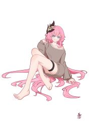 1girl absurdres barefoot blue_eyes chinese_commentary collarbone commentary_request elf elysia_(honkai_impact) feet grey_sweater hair_ornament highres honkai_(series) honkai_impact_3rd long_hair looking_at_viewer panties pantyshot pink_hair pointy_ears simple_background sitting smile solo sweater thigh_strap toes underwear very_long_hair white_background white_panties zhan_bai