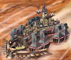 Rule 34 | absurdres, building, cannon, commission, commissioner upload, desert, duel monster, dust, fortress, goldilocks the battle landscraper, has bad revision, has watermarked revision, highres, landship, machine, md5 mismatch, mechanical legs, no humans, palace, rocket launcher, sandstorm, saraki yukata, spire, vehicle focus, wall, weapon, yu-gi-oh!