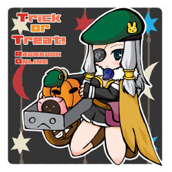Rule 34 | 1girl, alchemist (ragnarok online), beret, black dress, black sleeves, blue eyes, boots, brown boots, chibi, chibi only, closed mouth, commentary request, copyright name, detached sleeves, dress, expressionless, eyepatch, full body, green hat, grey hair, hair tubes, halloween, hat, hat ornament, kneeling, long hair, looking at viewer, lowres, pullcart, rabbit hat ornament, ragnarok online, sidelocks, solo, trick or treat, vanilmirth (ragnarok online), yazawa kazuki